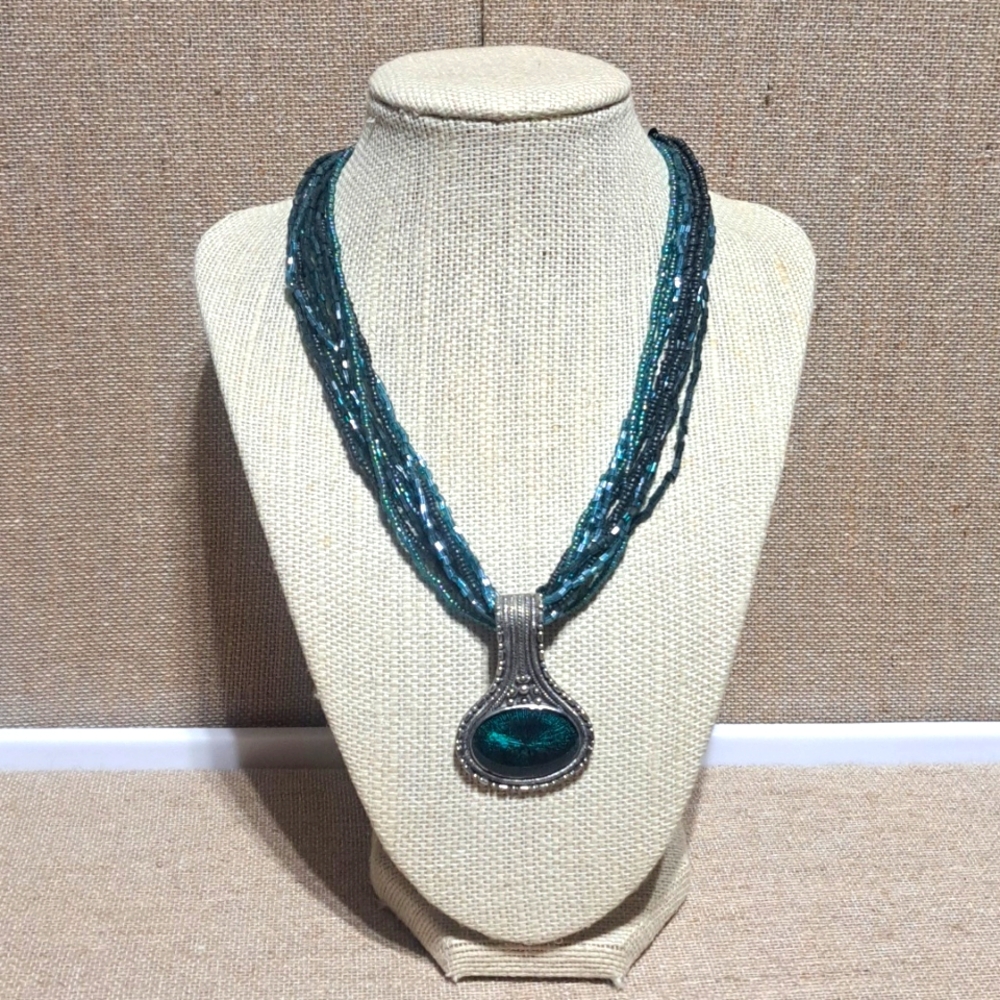 Fall Statement Necklace - Teal  Seedbead Bohemian Boho Multistrand Short Chunky